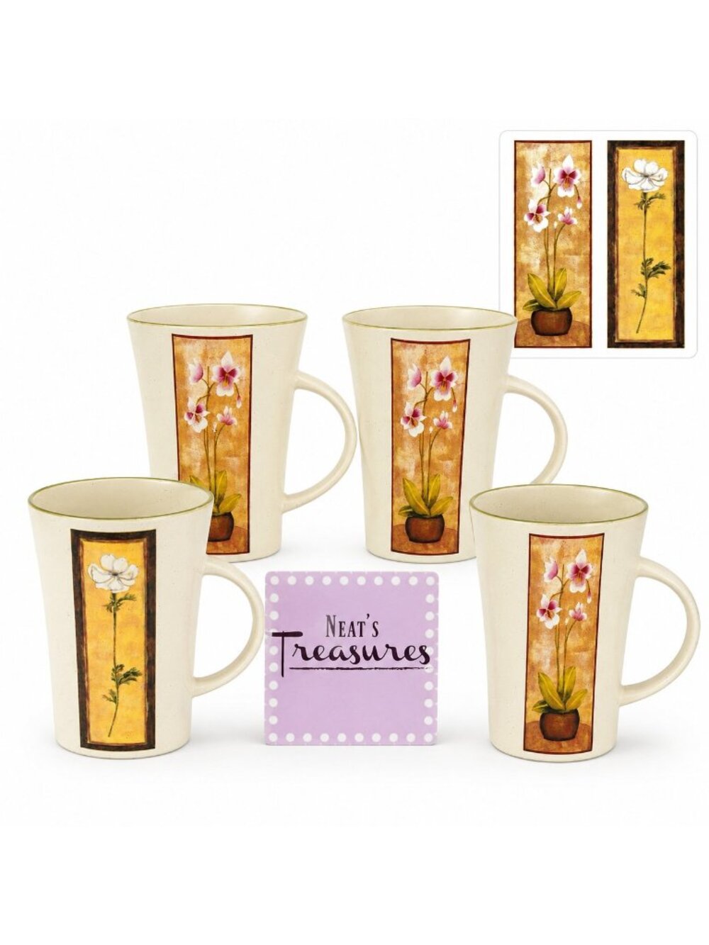 Mulberry Home ORCHID Flower Green Trim 13oz Ceramic Tall Latte Mugs Cups Set  4